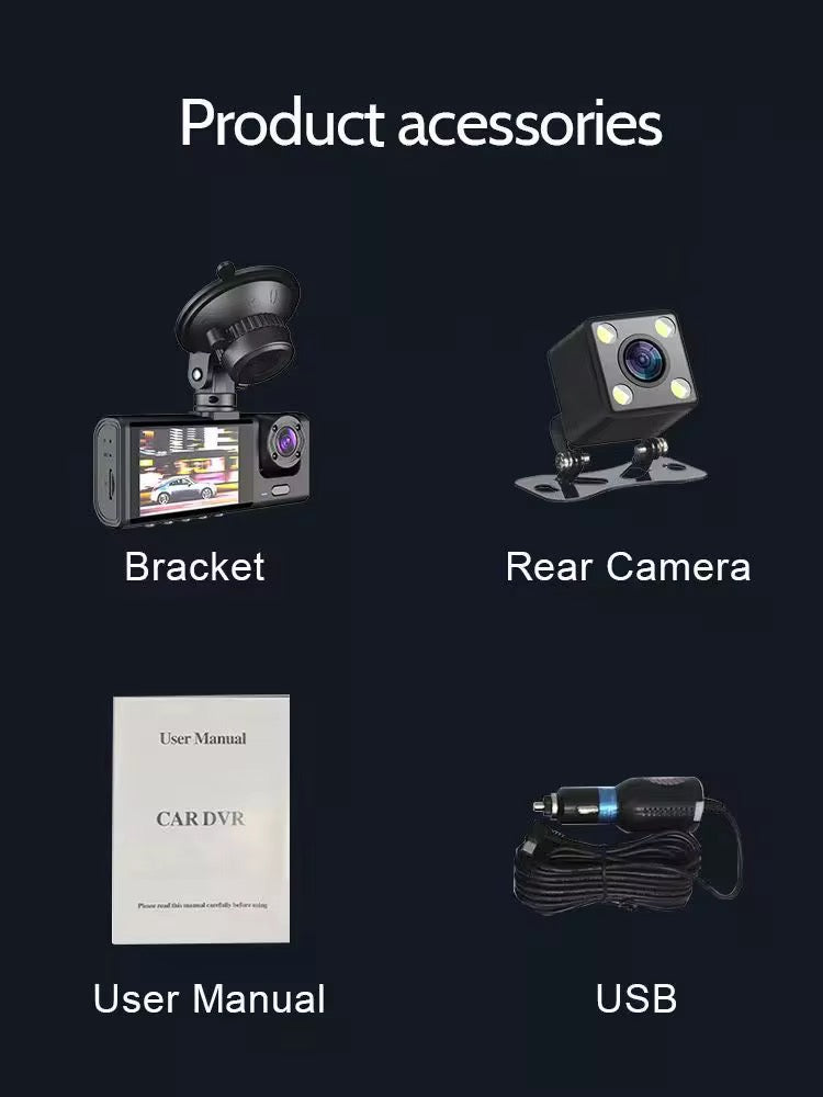 DASHCAM 3 CHANNEL CAR DVR TRAFFIC RECORDER 1080P AUDIO/VIDEO REARVIEW LOOP RECORDING