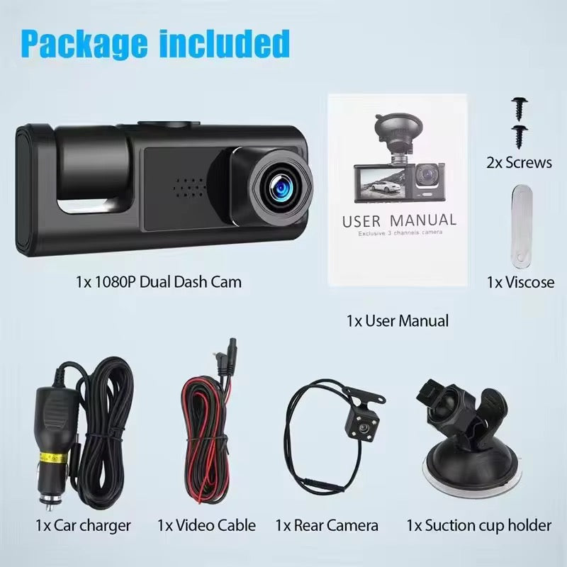 DASHCAM 3 CHANNEL CAR DVR TRAFFIC RECORDER 1080P AUDIO/VIDEO REARVIEW LOOP RECORDING