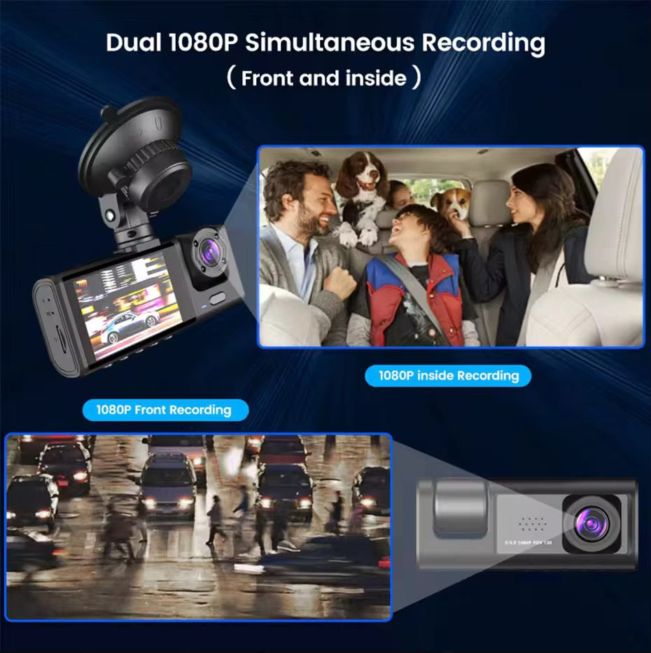 DASHCAM 3 CHANNEL CAR DVR TRAFFIC RECORDER 1080P AUDIO/VIDEO REARVIEW LOOP RECORDING